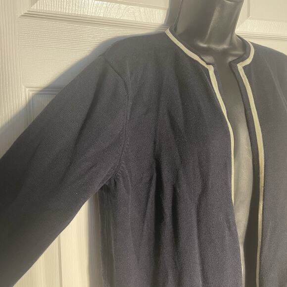 Vintage Y2K Talbots Cardigan Women Large Black Tan Trim Open Front Knit Sweater - Picture 3 of 13